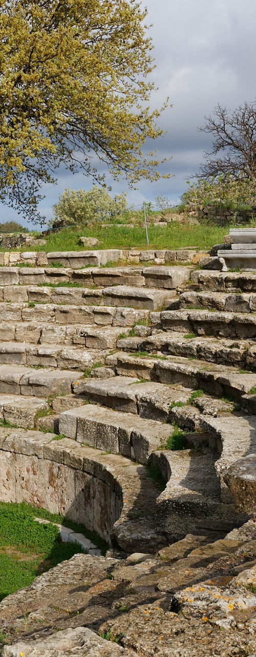 Ancient stone amphitheater in lush landscape