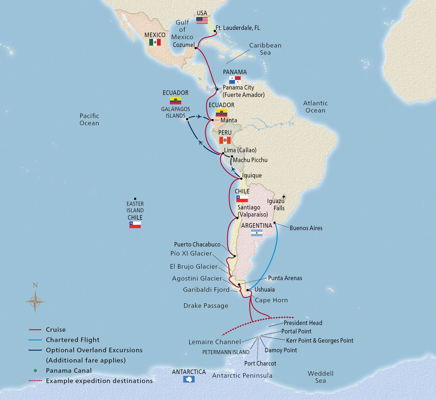 Map of Antarctic Explorer & the Americas itinerary