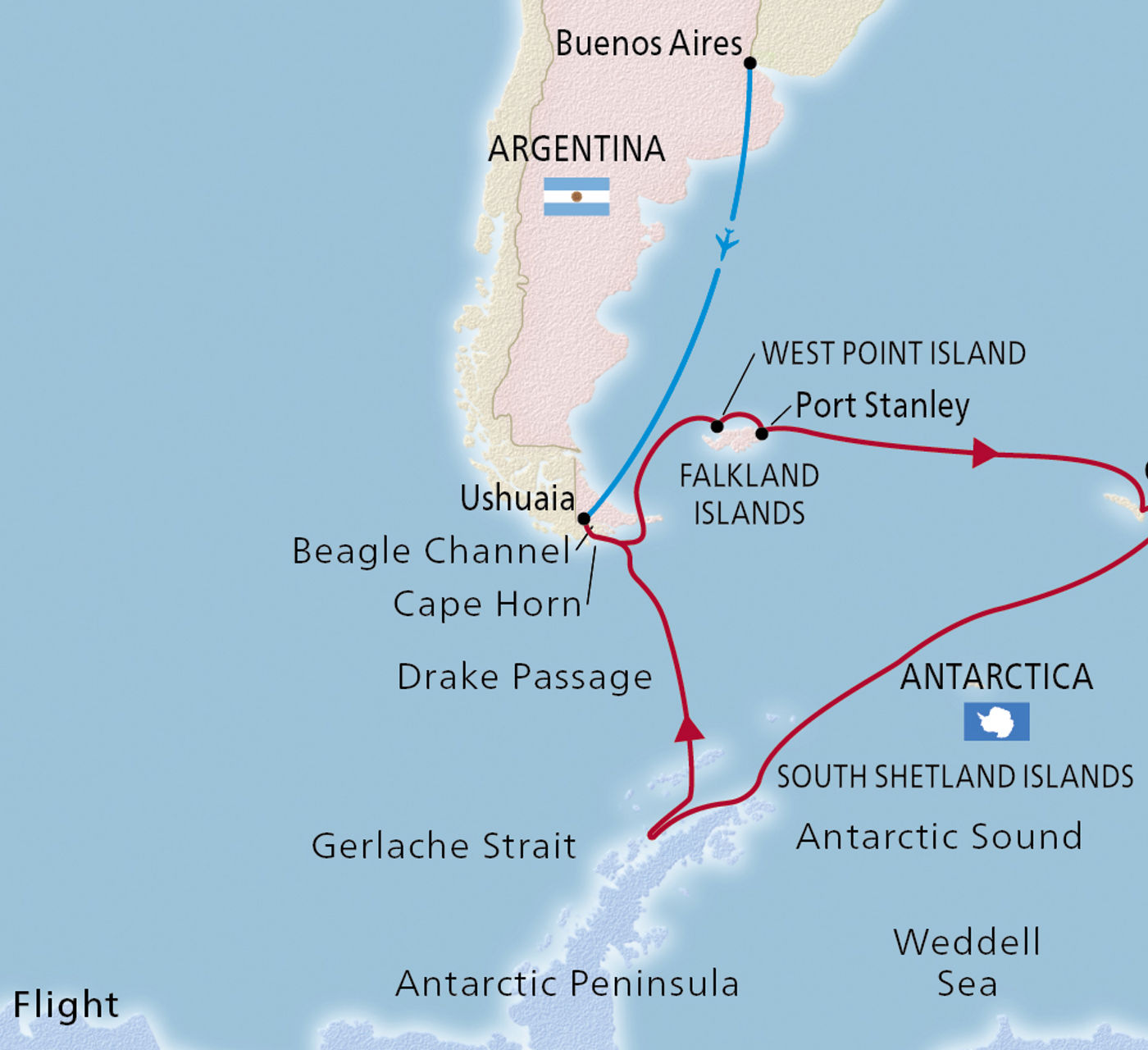 Map of Antarctica & South Georgia Island itinerary