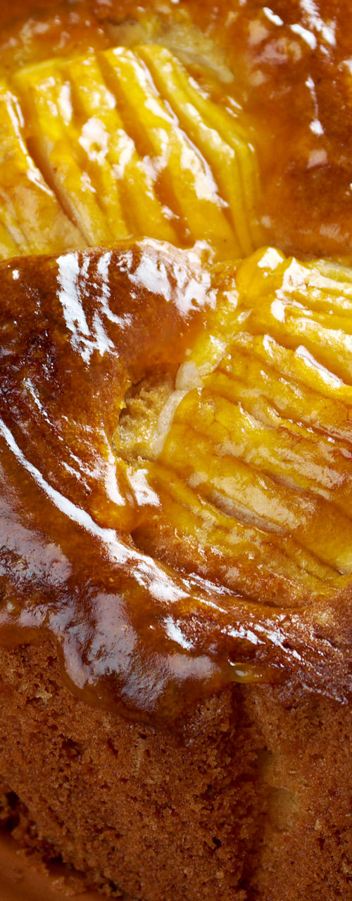 Golden apple cake on ceramic plate