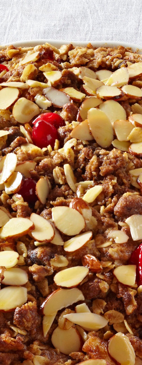 Cherry almond dessert in white dish