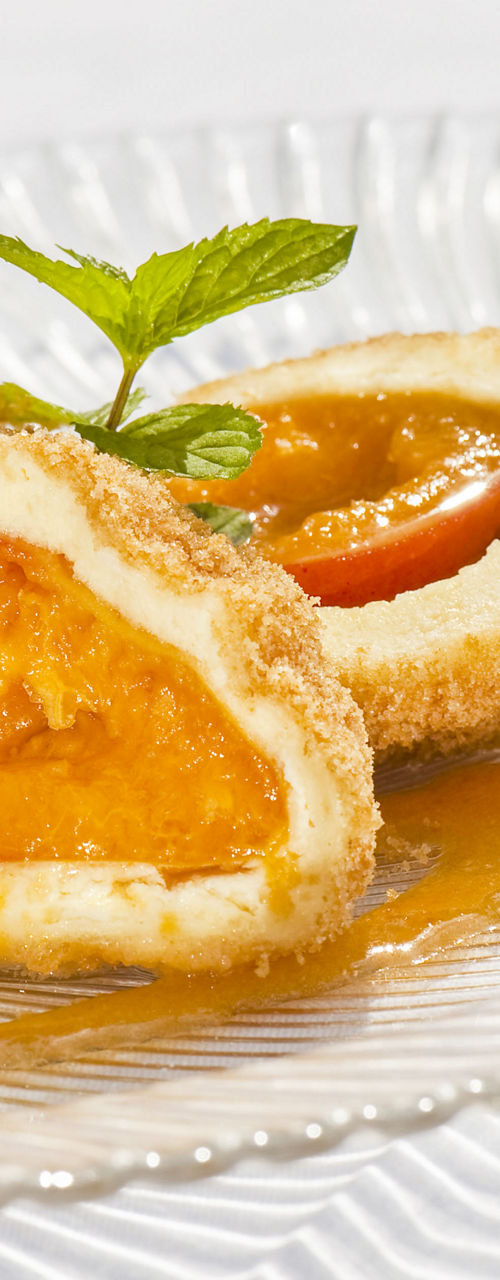 Delicious apricot dessert with powdered sugar