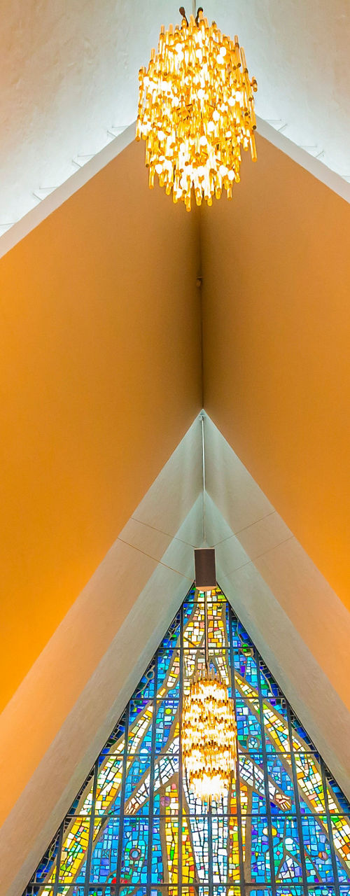Interior of modern church with stained glass