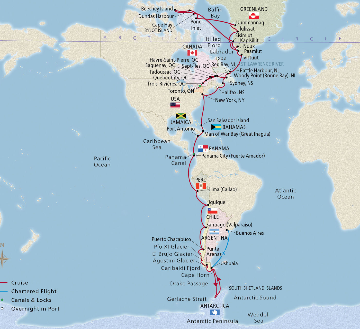 Map of Arctic to Antarctic Explorer itinerary