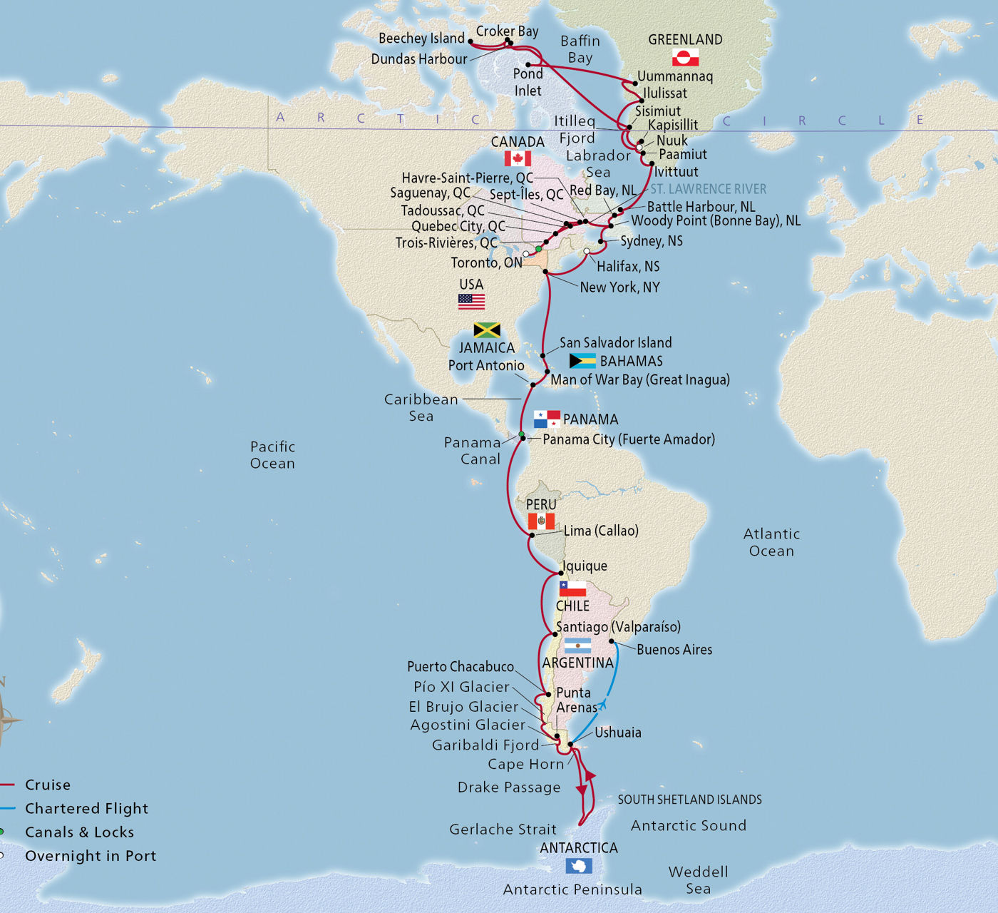 Map of Arctic to Antarctic Explorer itinerary