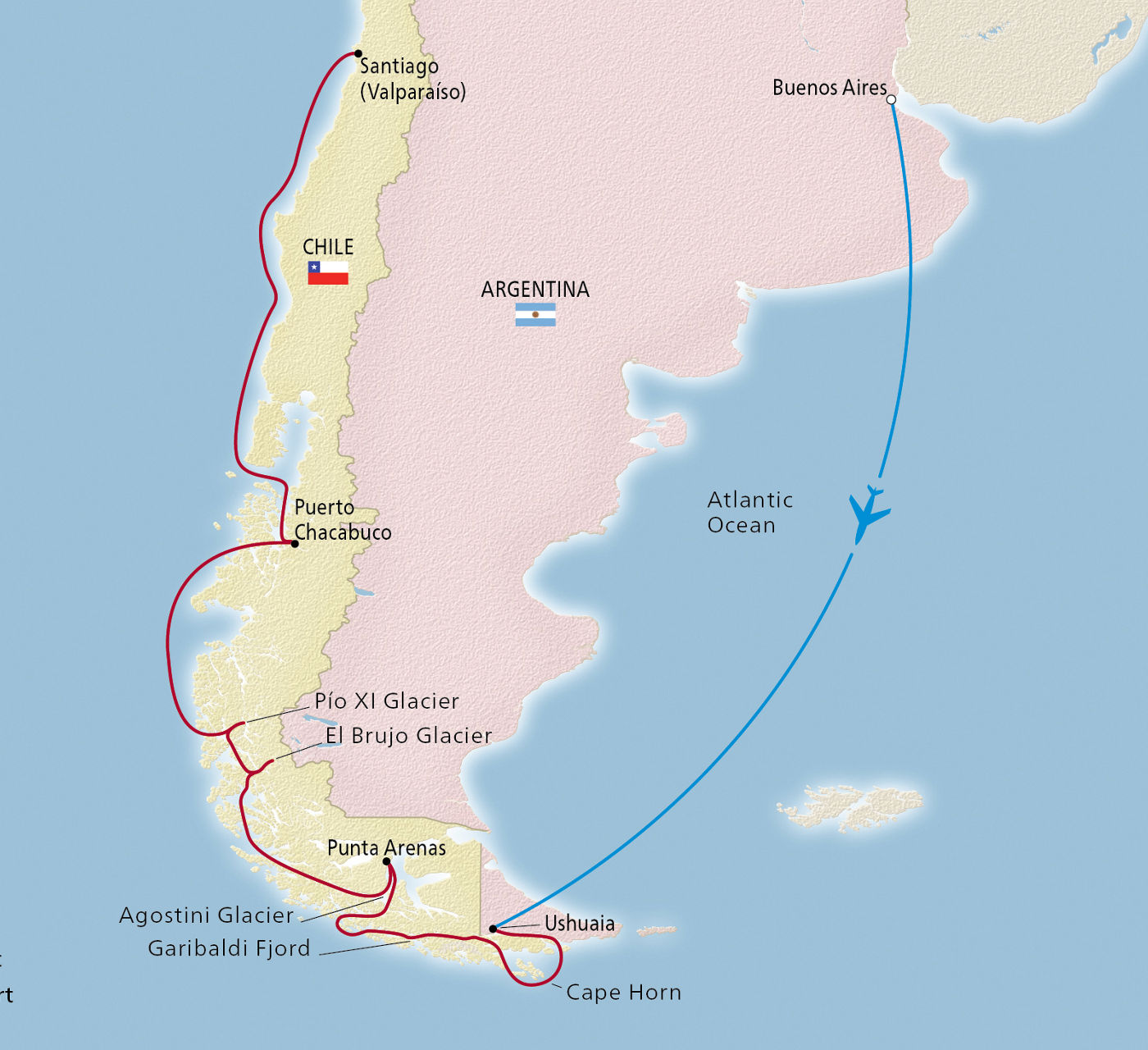 Map of Argentina & the Chilean Fjords itinerary