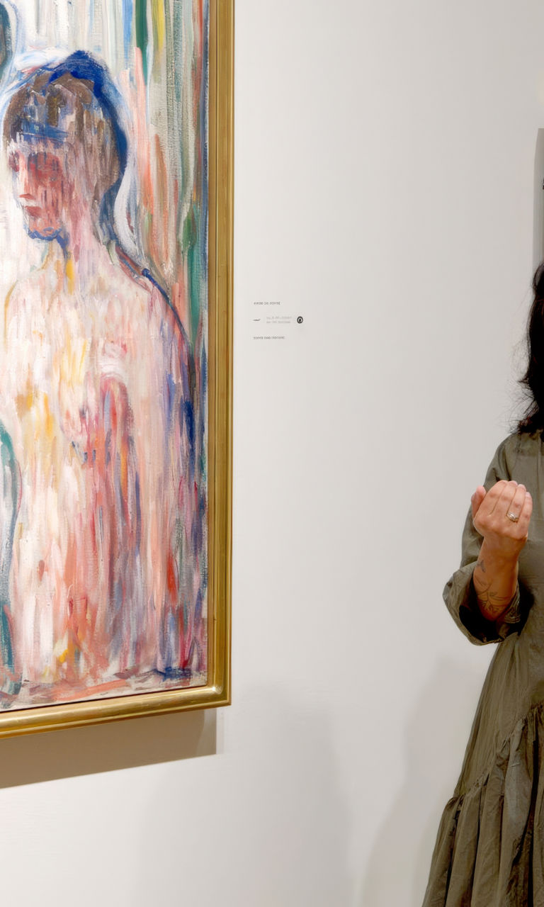 Art gallery visitor near abstract painting
