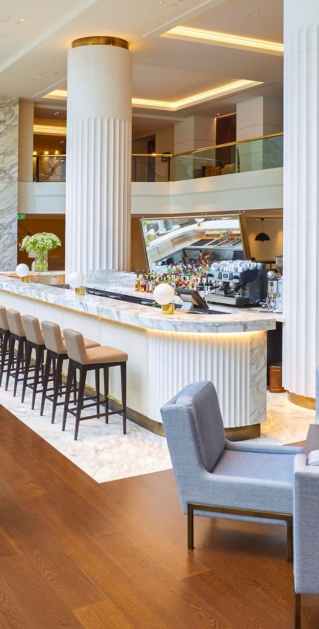 Modern hotel lobby with elegant seating