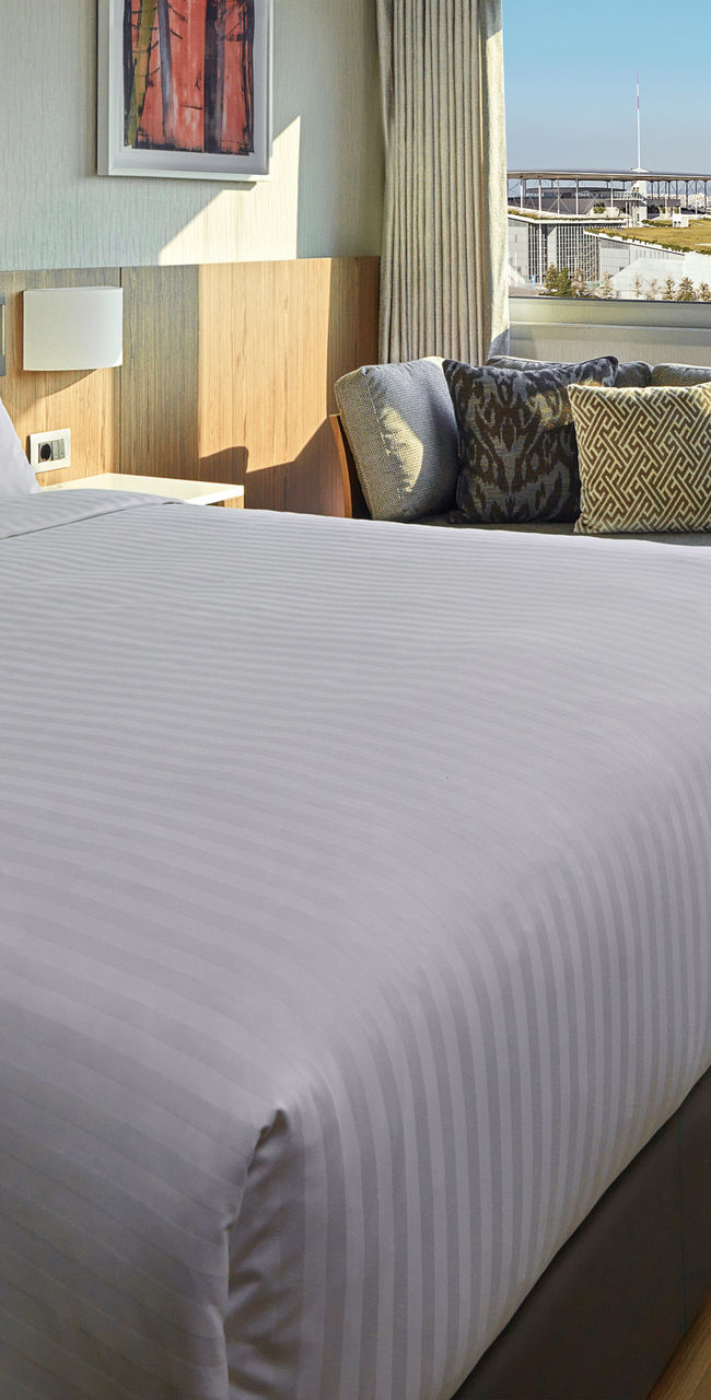 Modern hotel room with city view