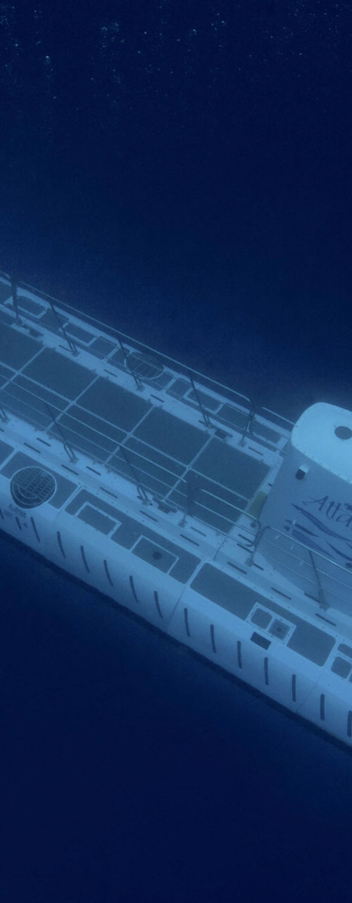 Underwater view of a submarine in deep ocean