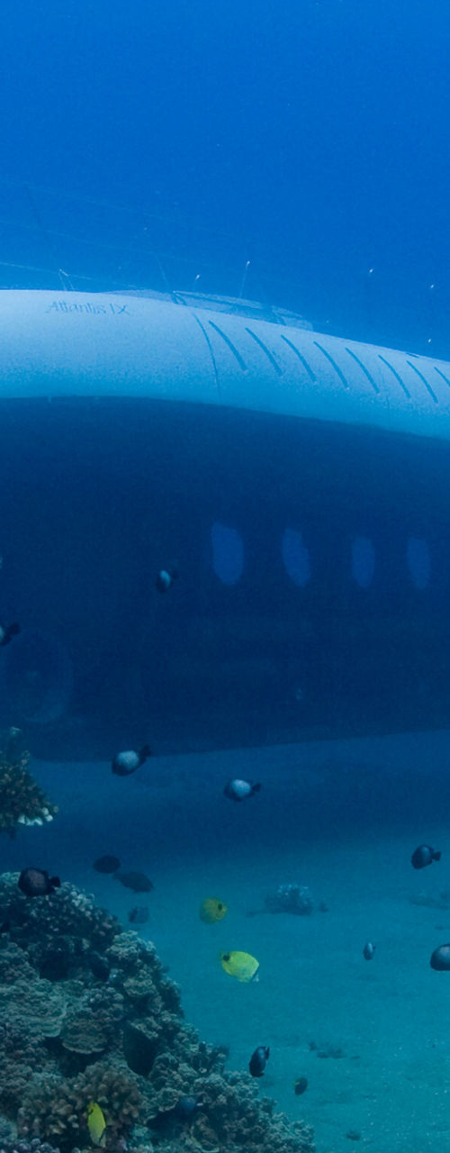 Underwater submarine near coral reef