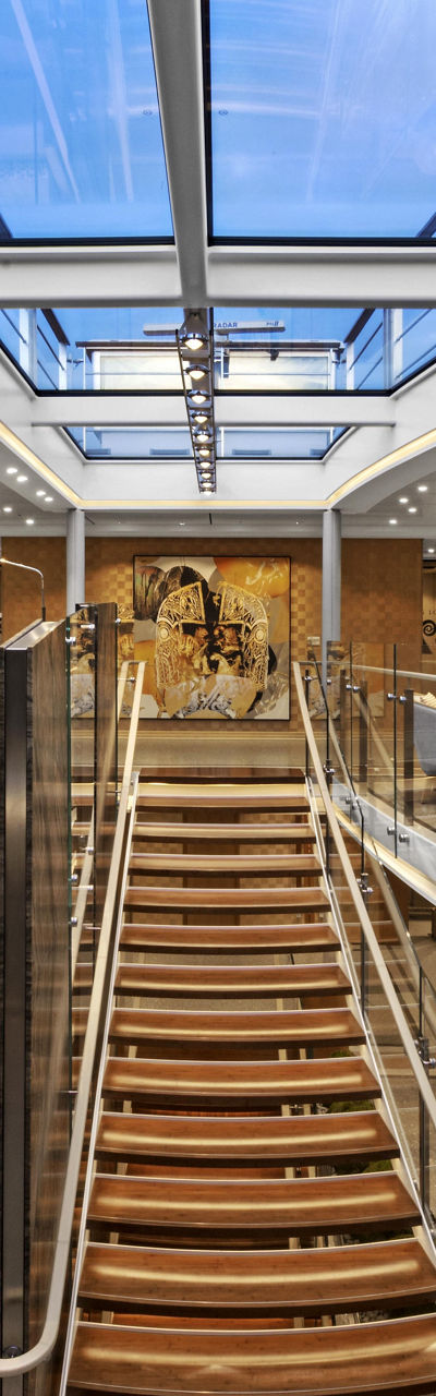 Modern cruise ship interior with skylight