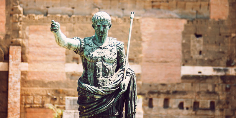 Ancient Roman bronze statue in ruins