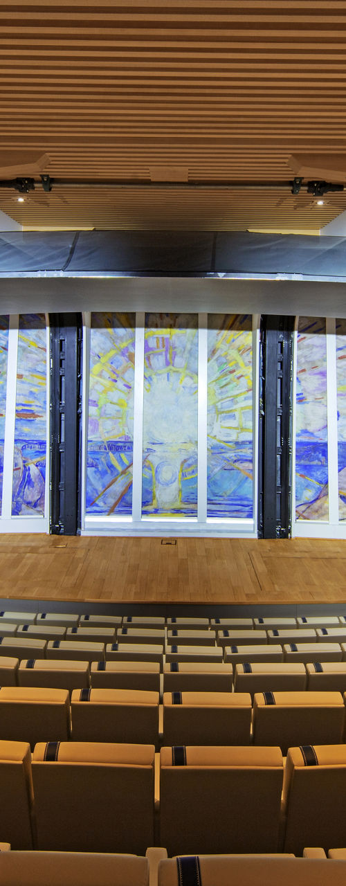 Modern auditorium with artistic wall panels