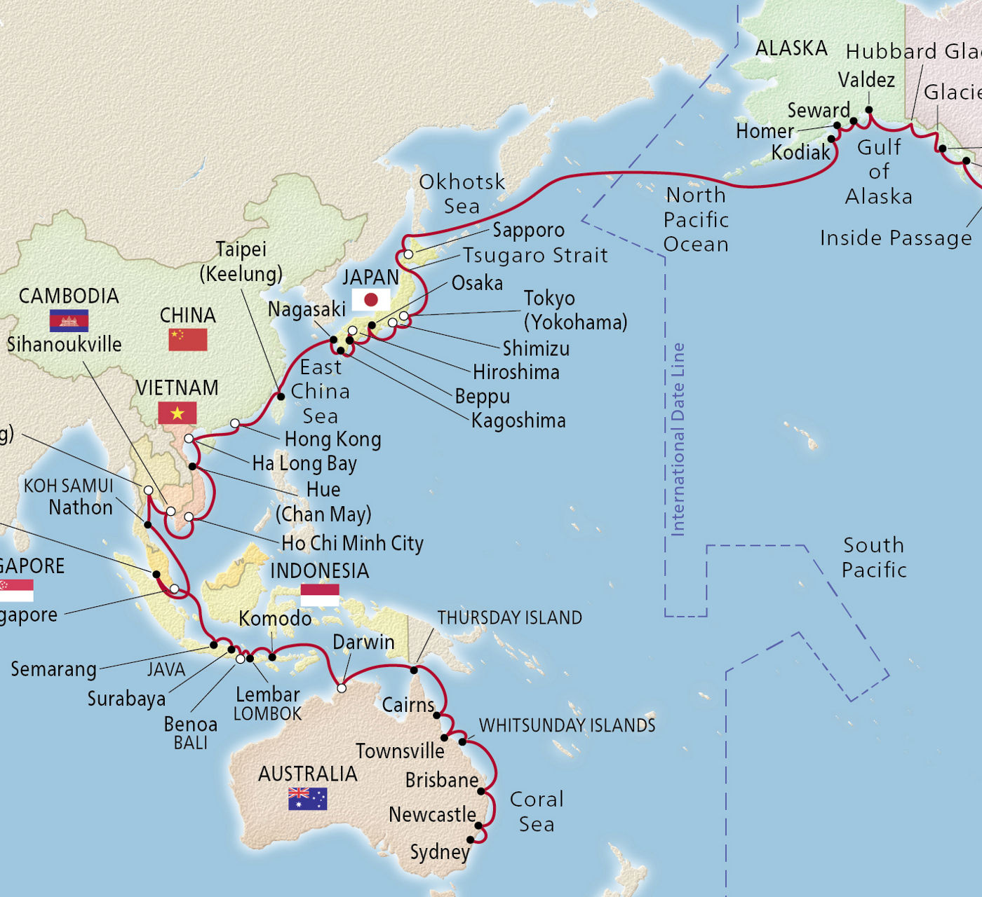 Map of Australia, Asia & Alaska itinerary