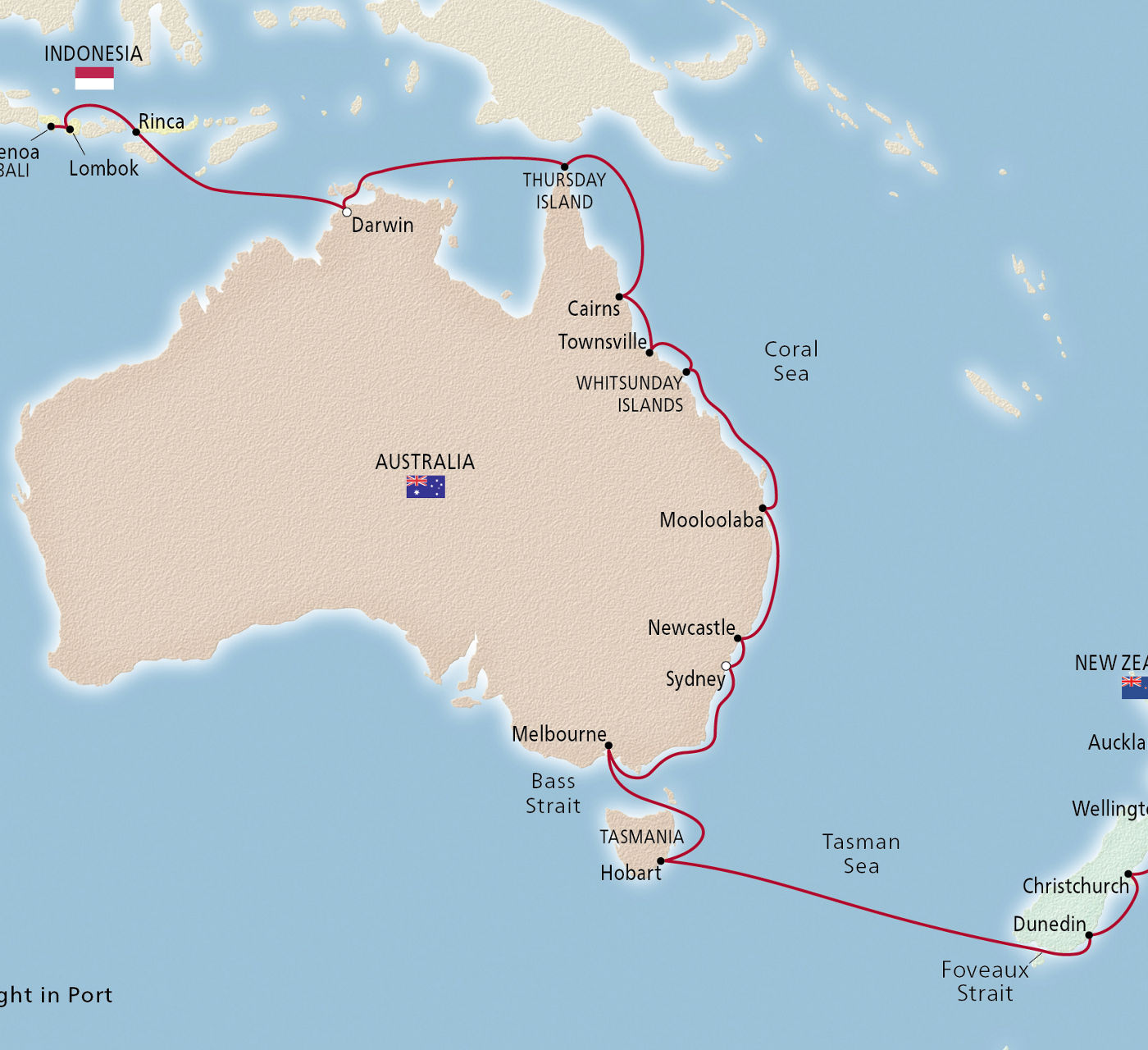 Map of Australia, New Zealand & Indonesia itinerary