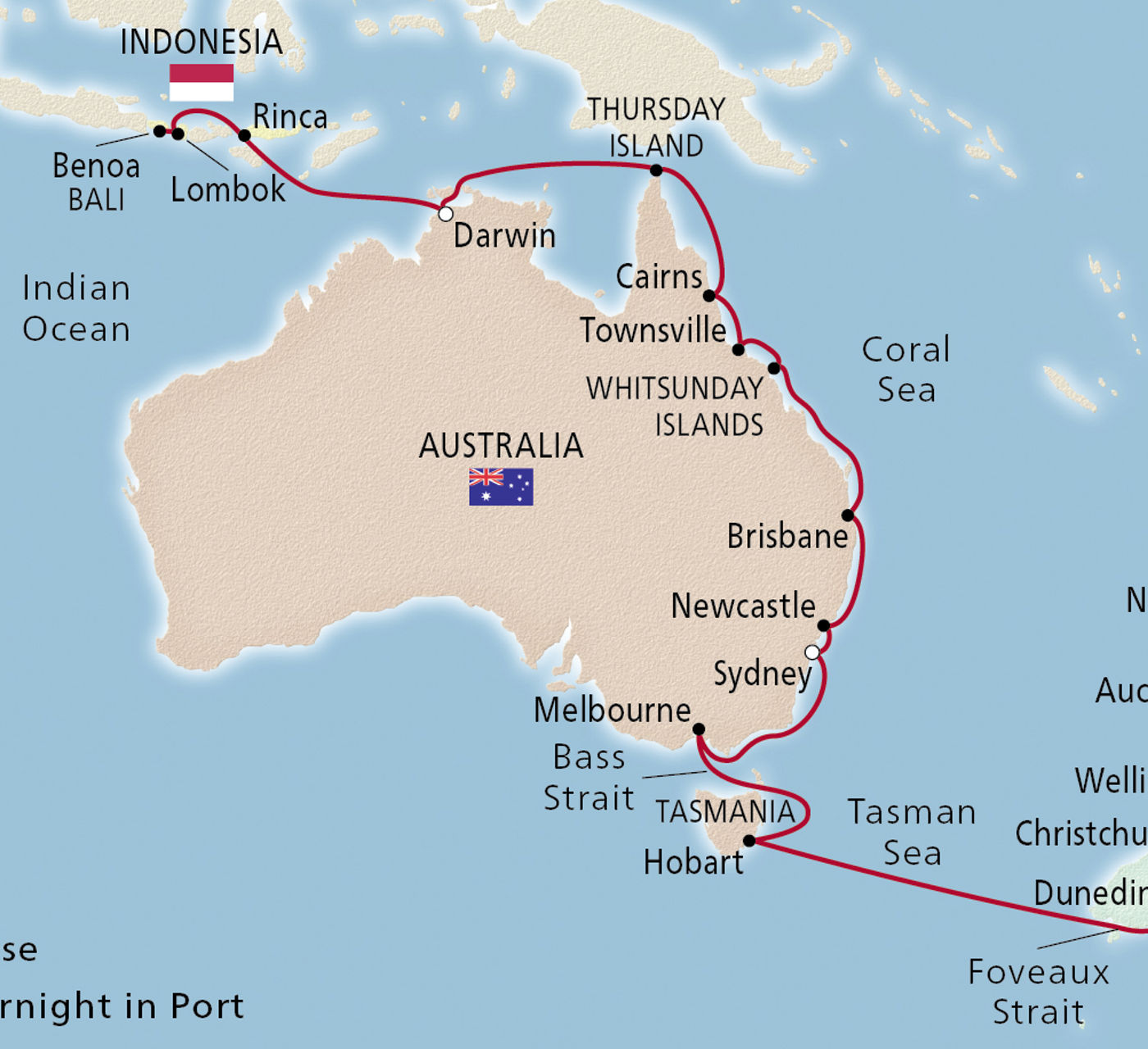 Map of Australia, New Zealand & Indonesia itinerary