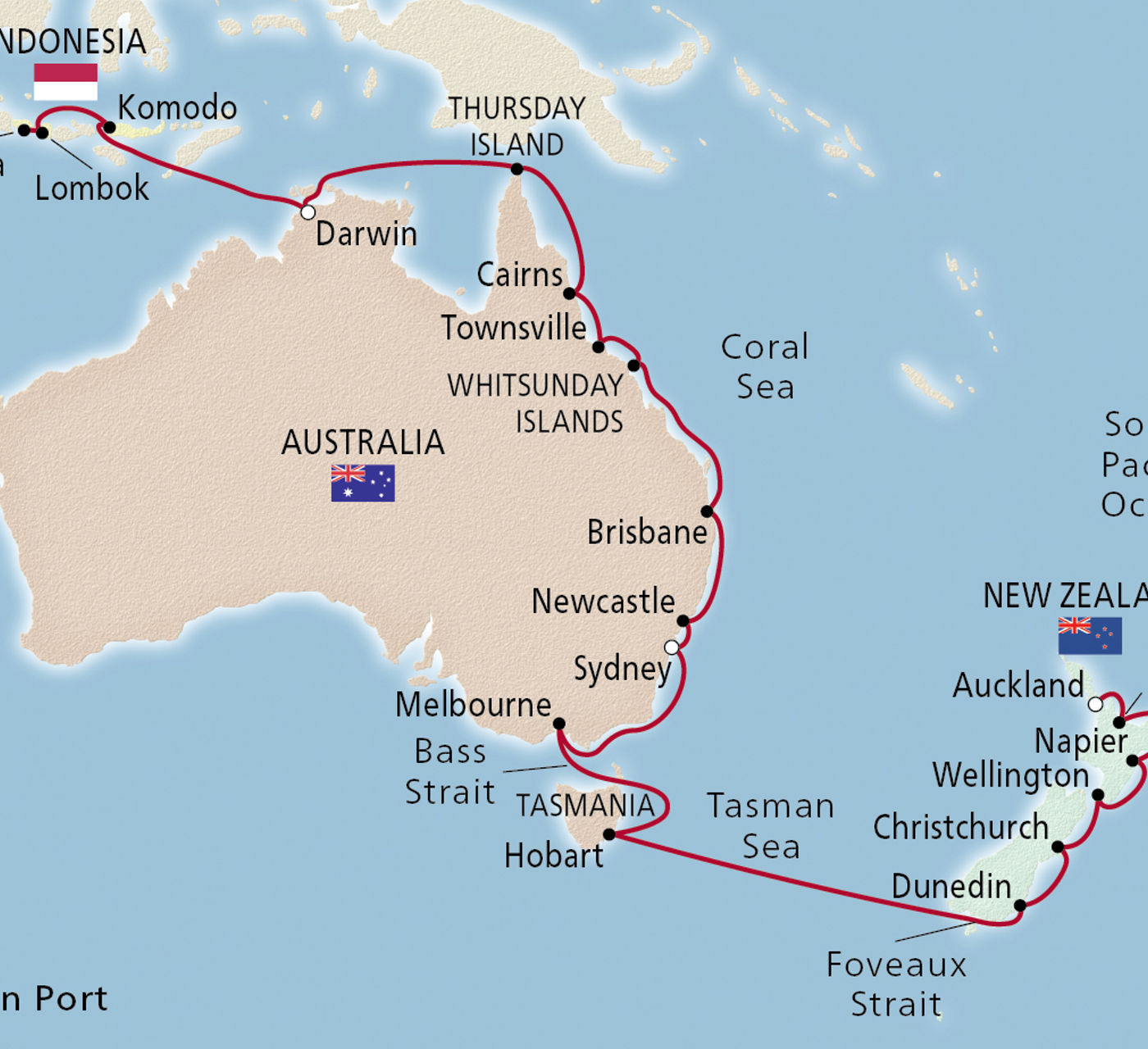 Map of Australia, New Zealand & Indonesia itinerary