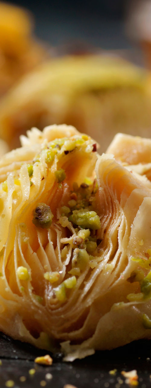 Close-up of pistachio-filled baklava dessert