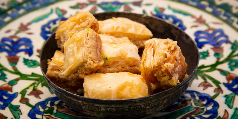 Traditional baklava in ornate bowl