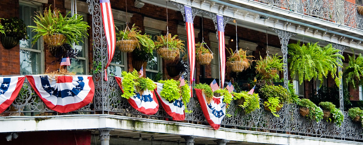 Historic balcony with patriotic decorations
