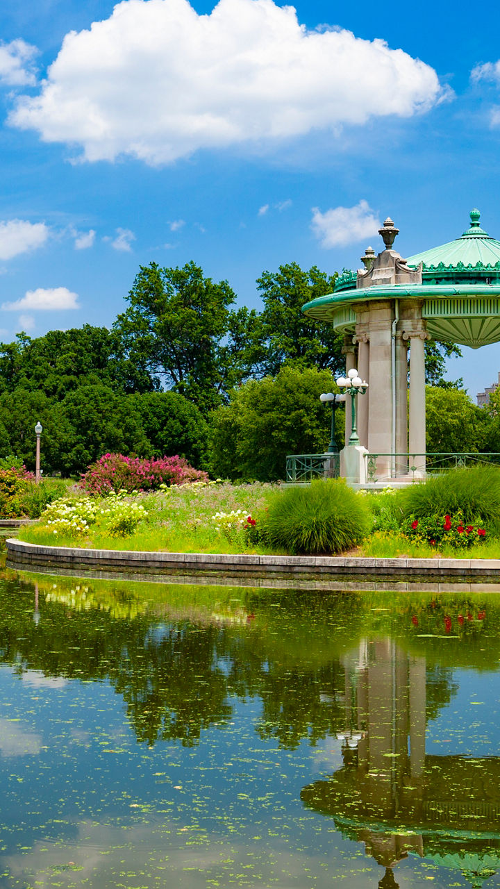 Scenic park with pavilion and pond