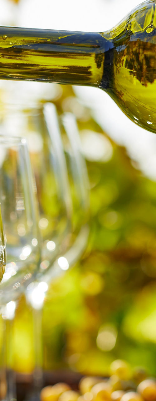 White wine poured into glasses outdoors on barrel