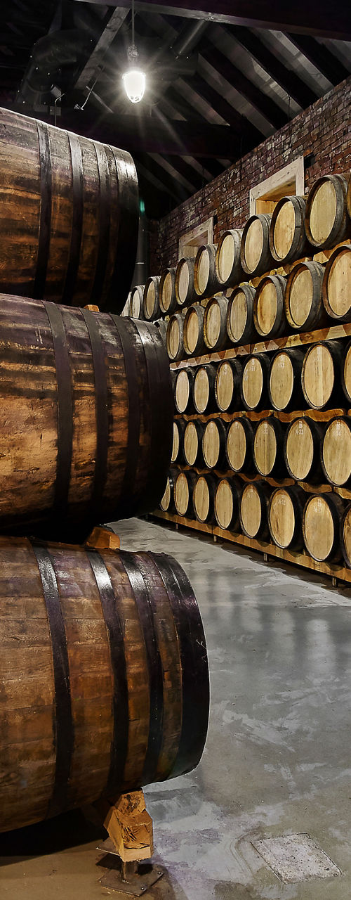Wooden barrels in rustic storage cellar