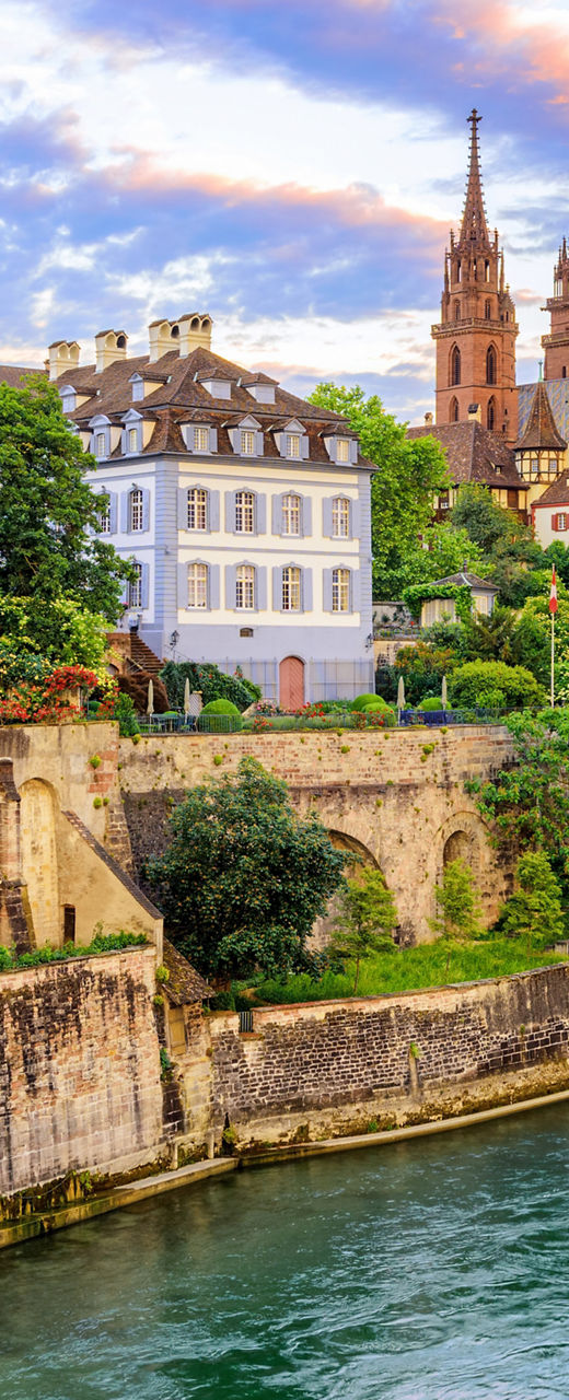 Scenic view of Basel cityscape at sunset