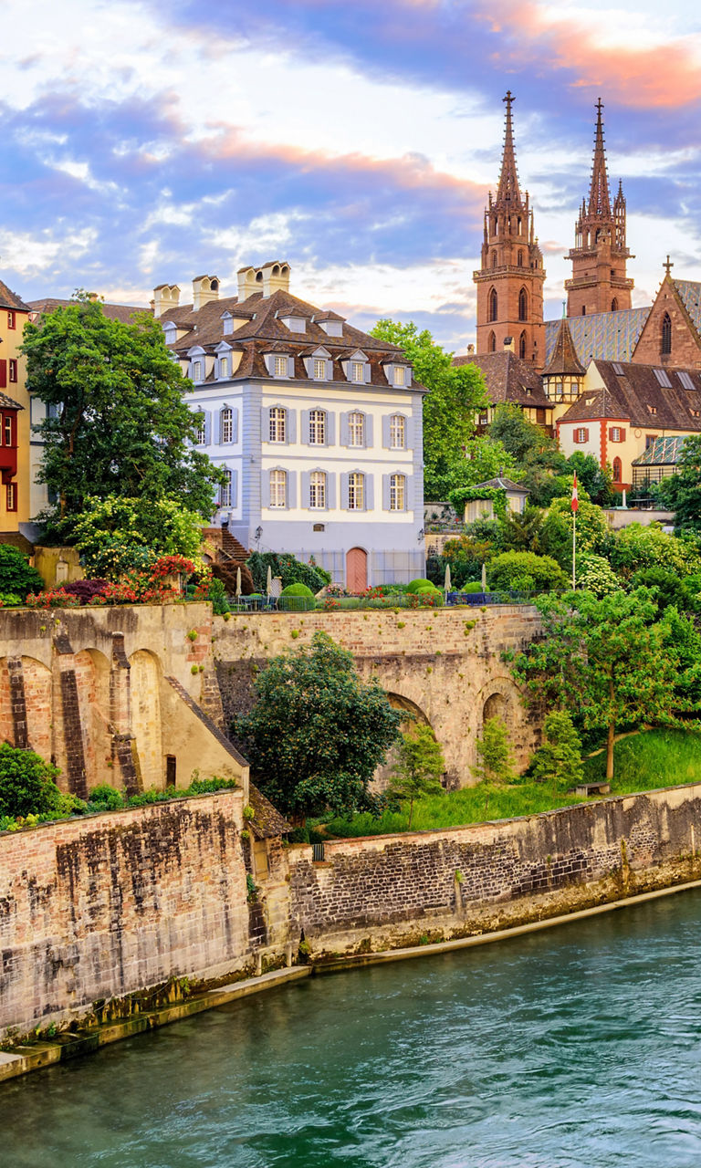 Scenic view of Basel cityscape at sunset
