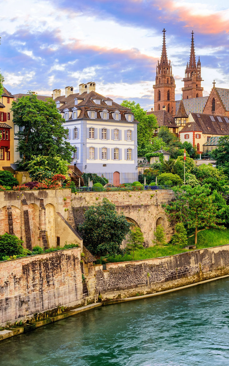 Scenic view of Basel cityscape at sunset
