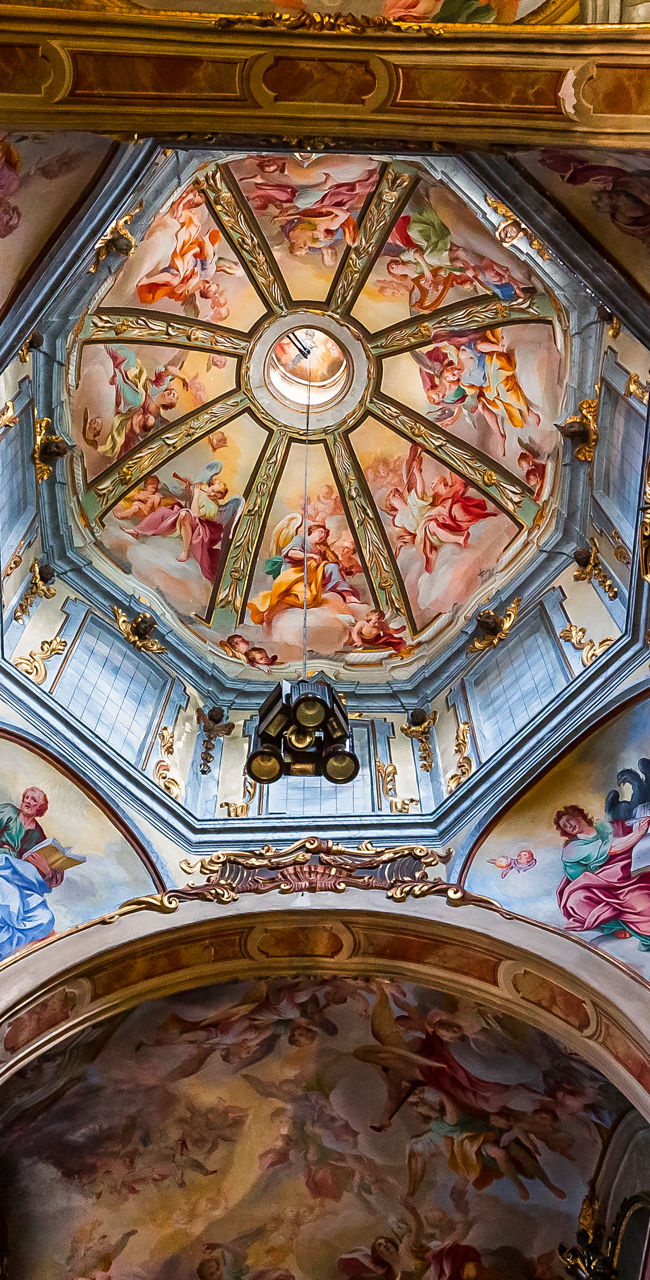 Ornate Baroque church ceiling with frescoes