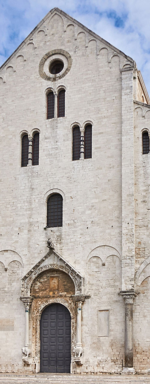 Historic stone church facade in town square