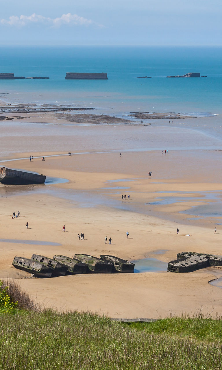 Historic beach with remnants of war structures