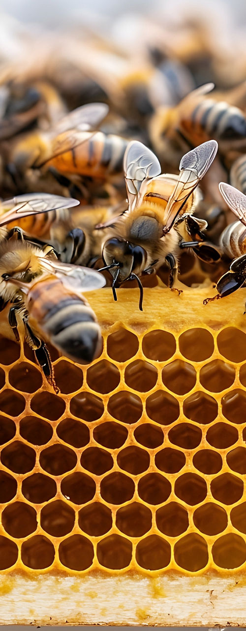 Close-up of bees on honeycomb