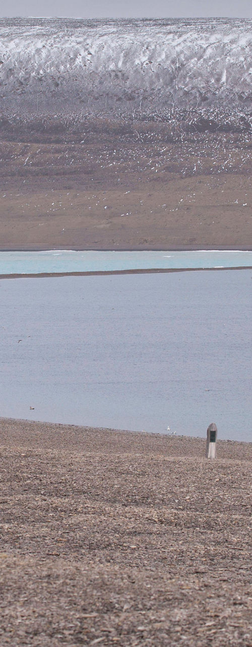 Group exploring Arctic tundra near icy lake