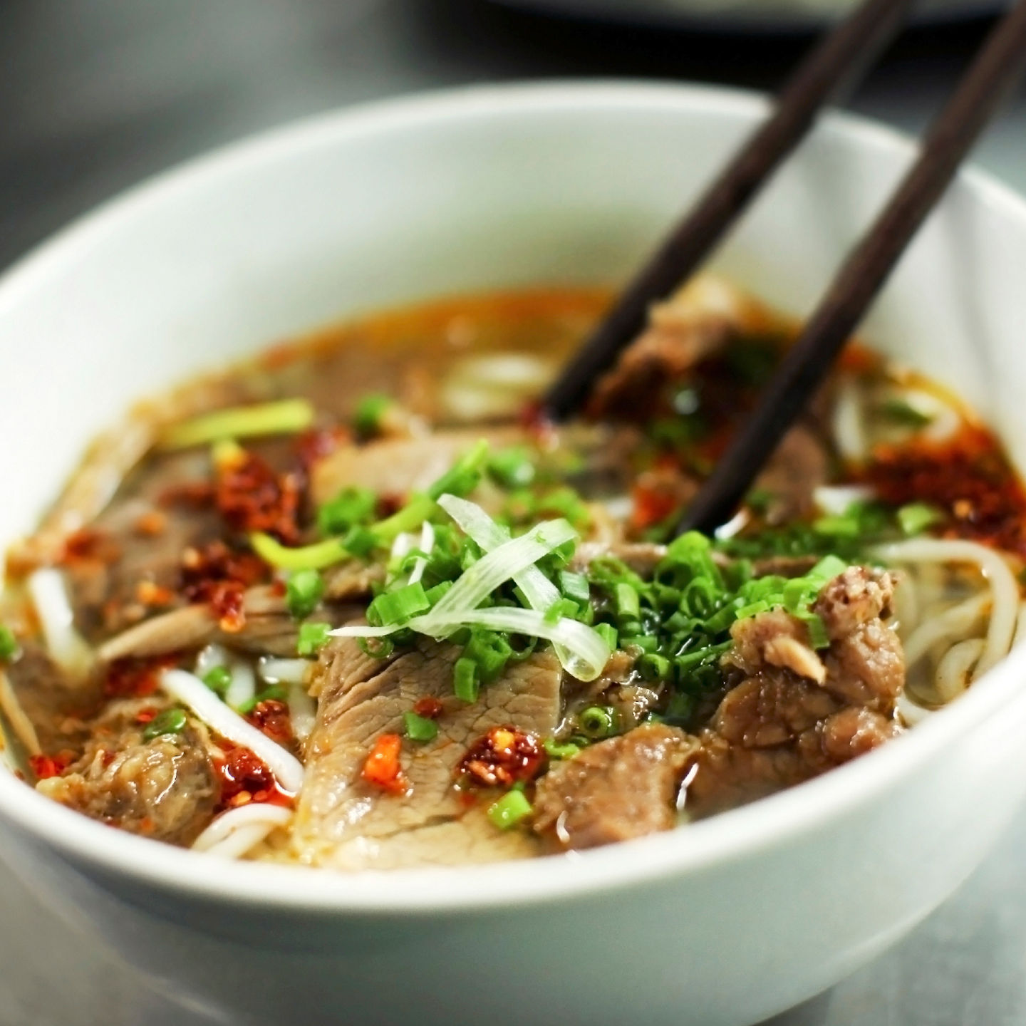 Bowl of spicy beef noodle soup