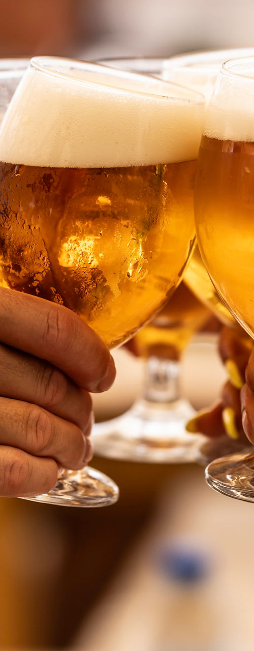 Group cheers with beer glasses outdoors