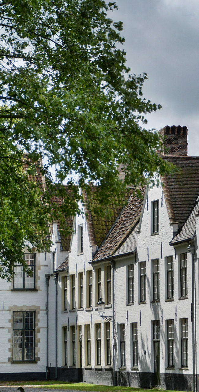 Historic white buildings with green lawn