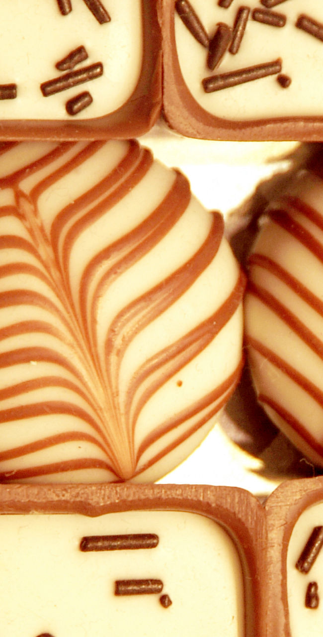 Assorted chocolate pralines with decorative patterns