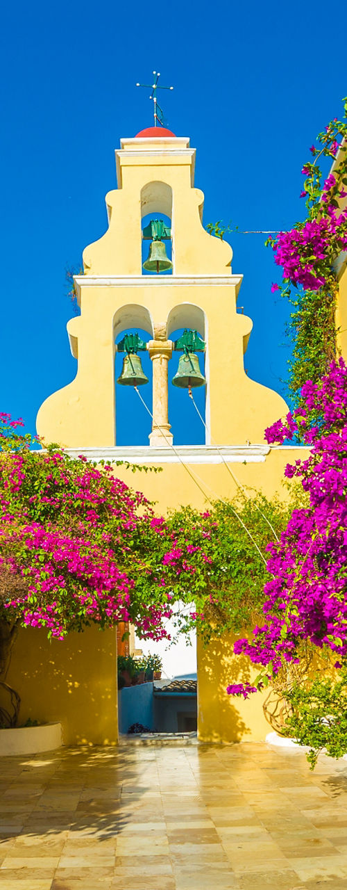 Mediterranean courtyard with vibrant bougainvillea