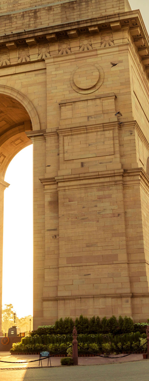 India Gate at sunrise with flying birds