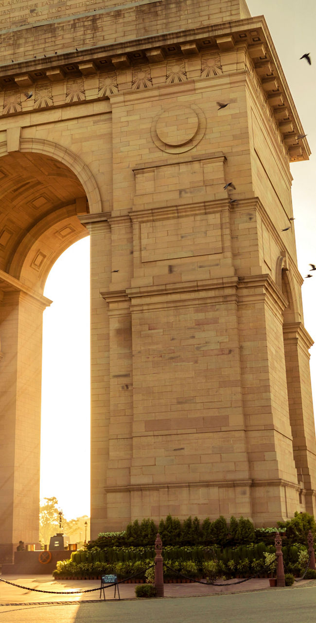India Gate at sunrise with flying birds