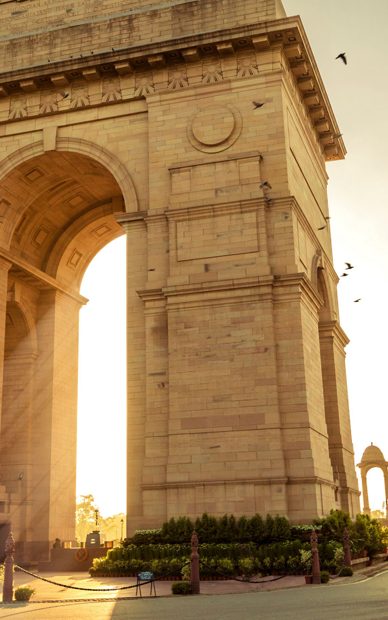 India Gate at sunrise with flying birds