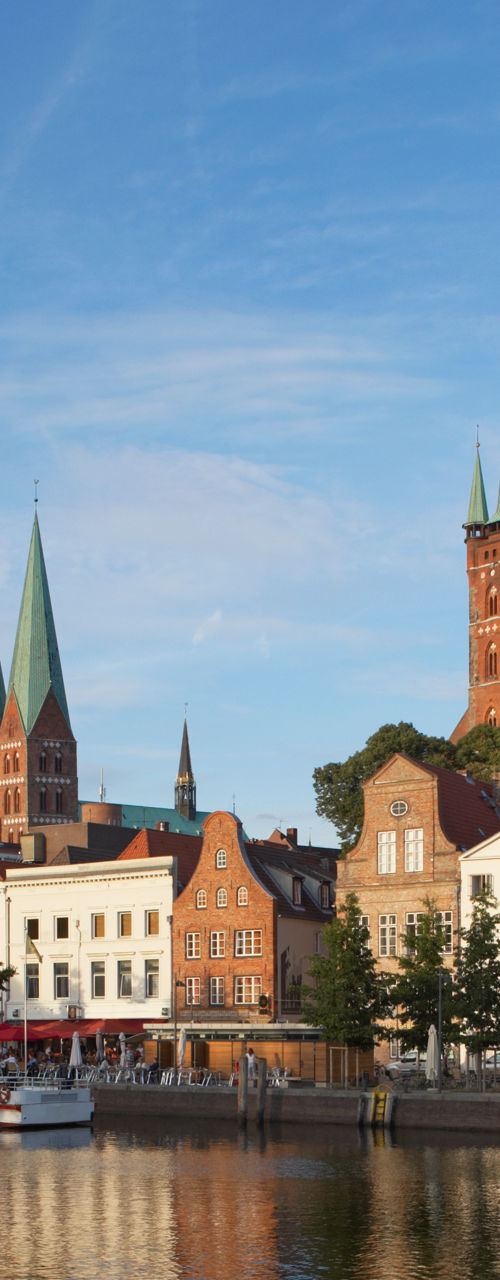 Historic waterfront with spired buildings