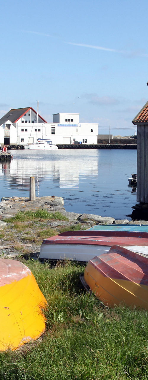 Colorful boats by rustic waterfront houses