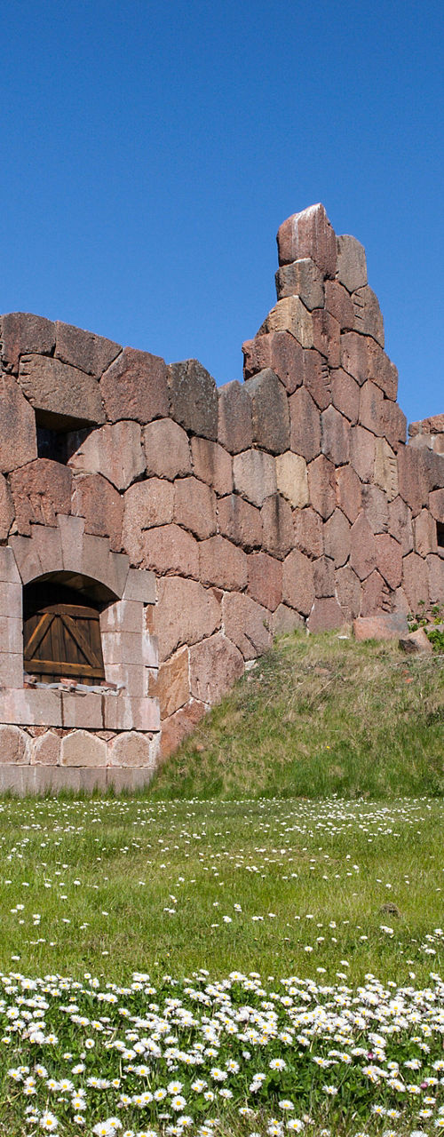 Ancient stone ruins with wildflowers