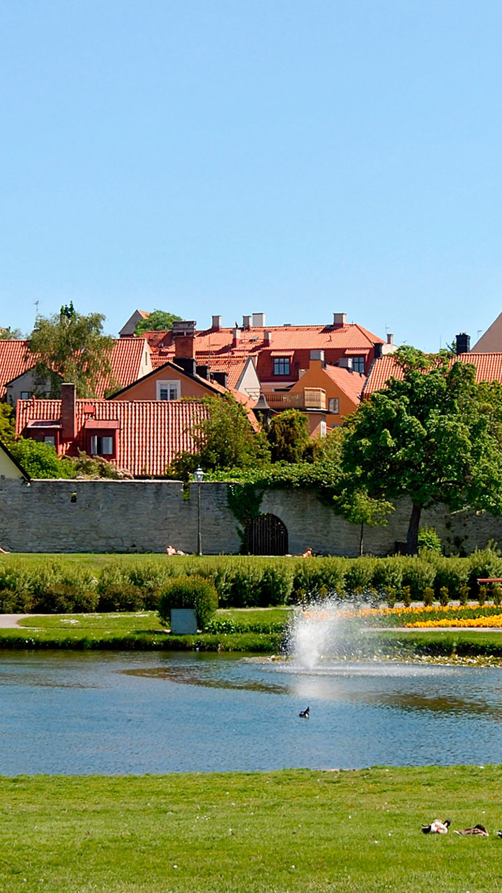 Scenic view of Visby town and park