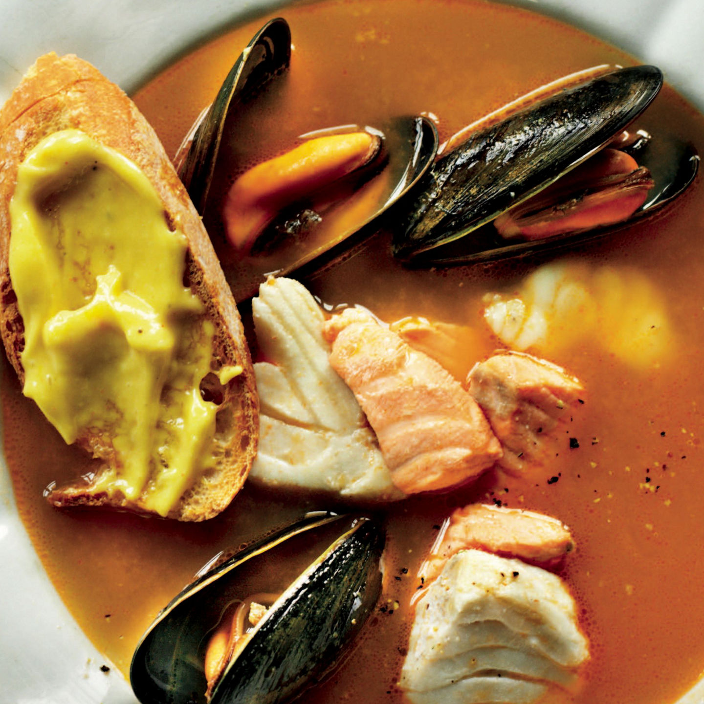 Seafood soup with mussels and bread