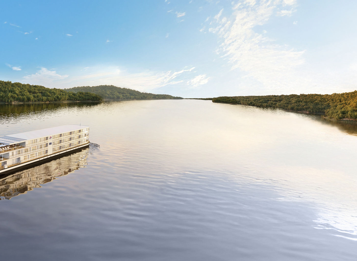 Modern river cruise ship sailing on calm water